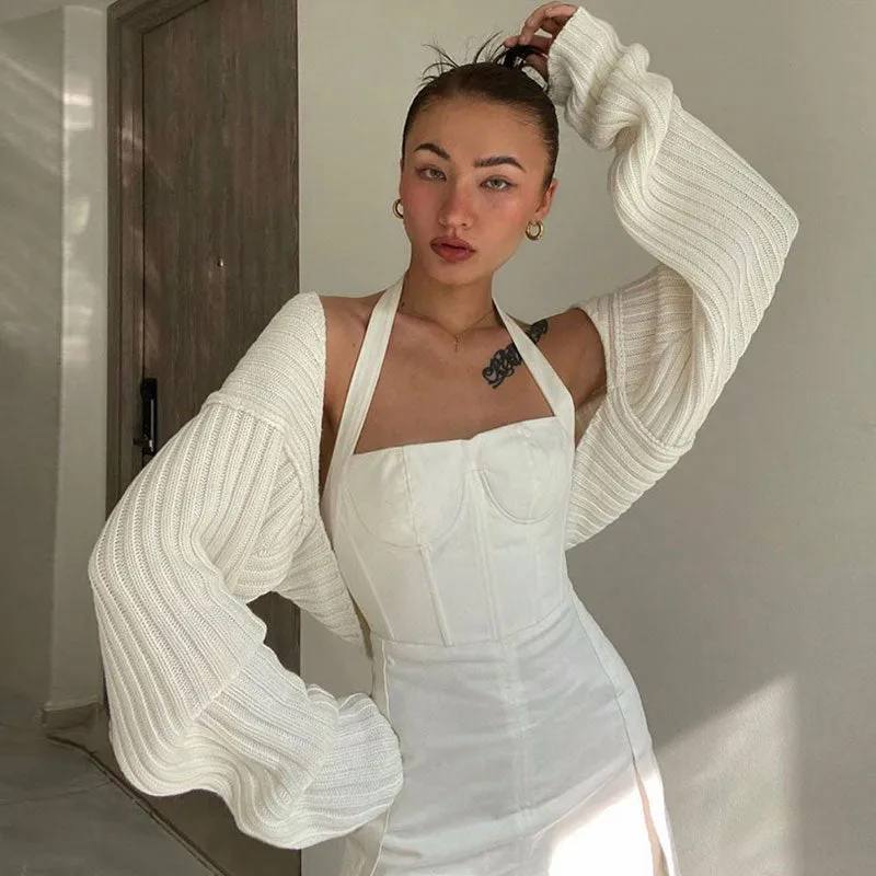 Vintage Long Sleeve Drop Shoulder Shrug Cardigan - White