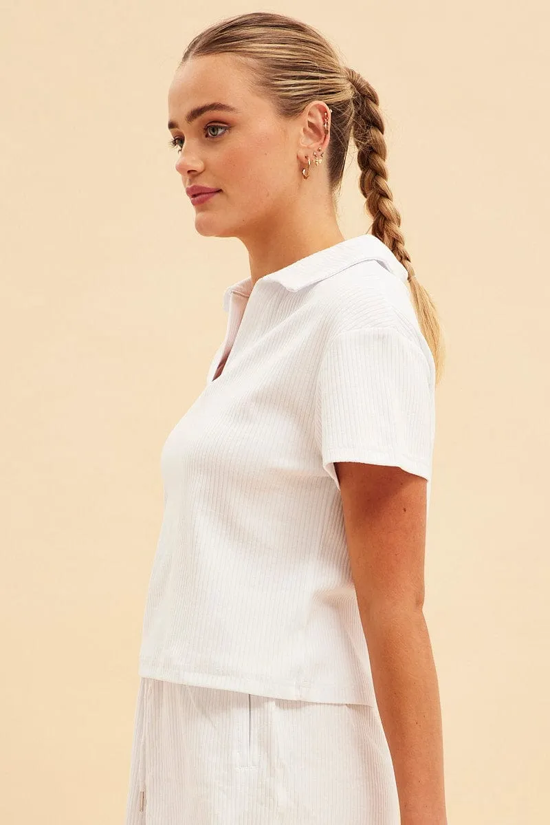 White Prea Rib Polo Short Sleeve Tee
