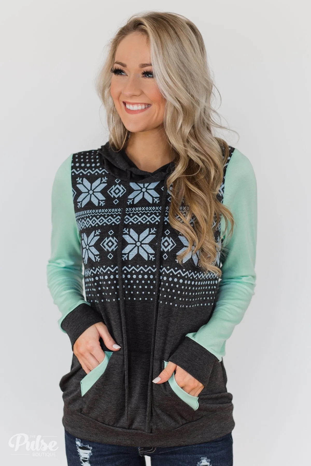 Winter Is Coming Snowflake Hoodie- Mint & Charcoal