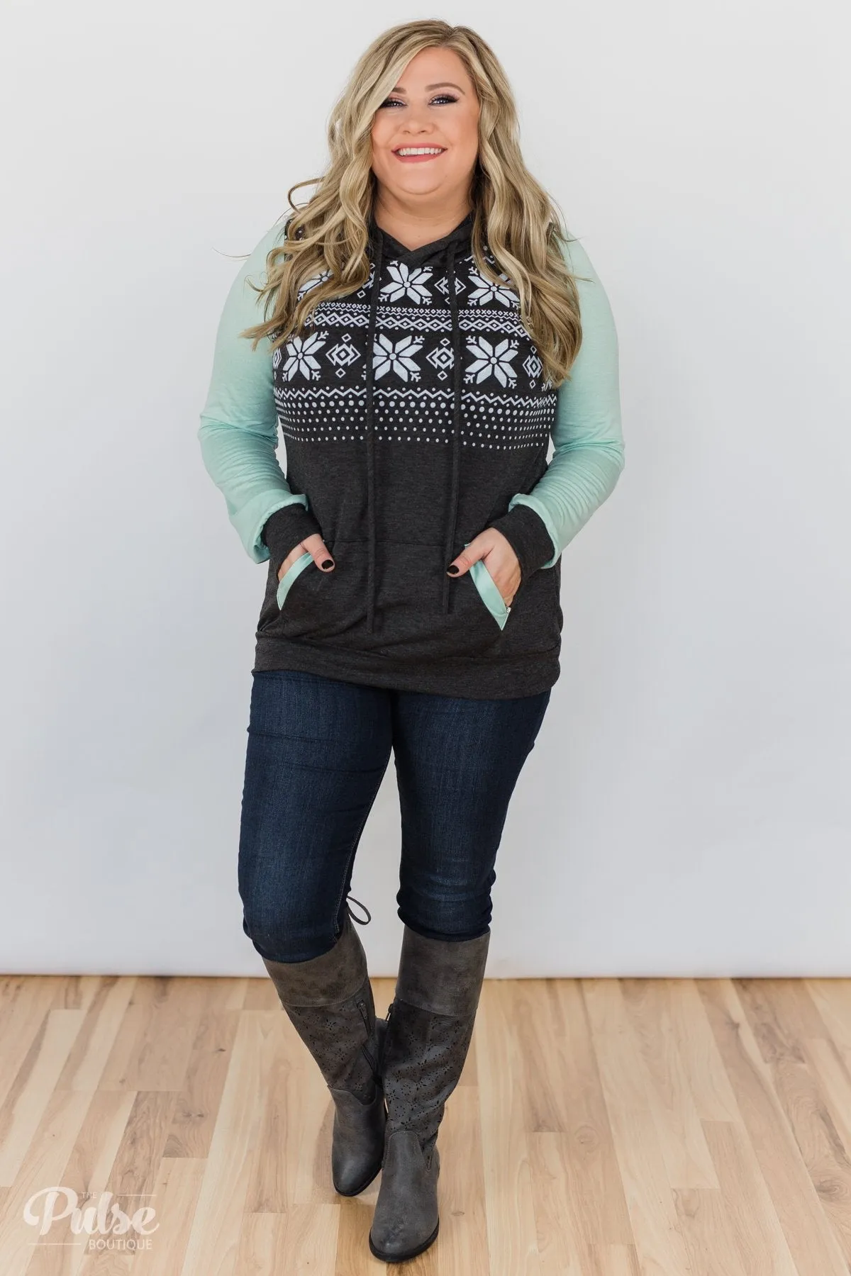Winter Is Coming Snowflake Hoodie- Mint & Charcoal
