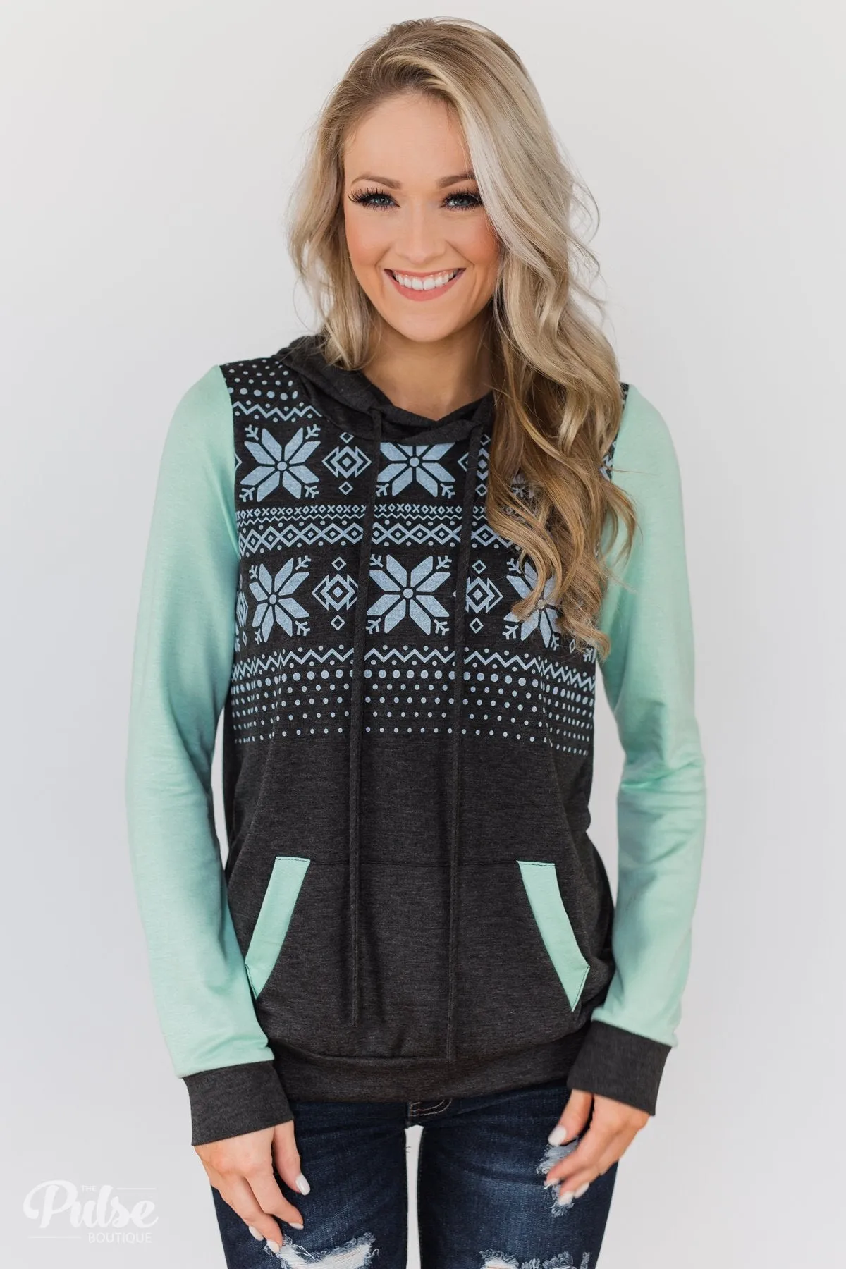 Winter Is Coming Snowflake Hoodie- Mint & Charcoal