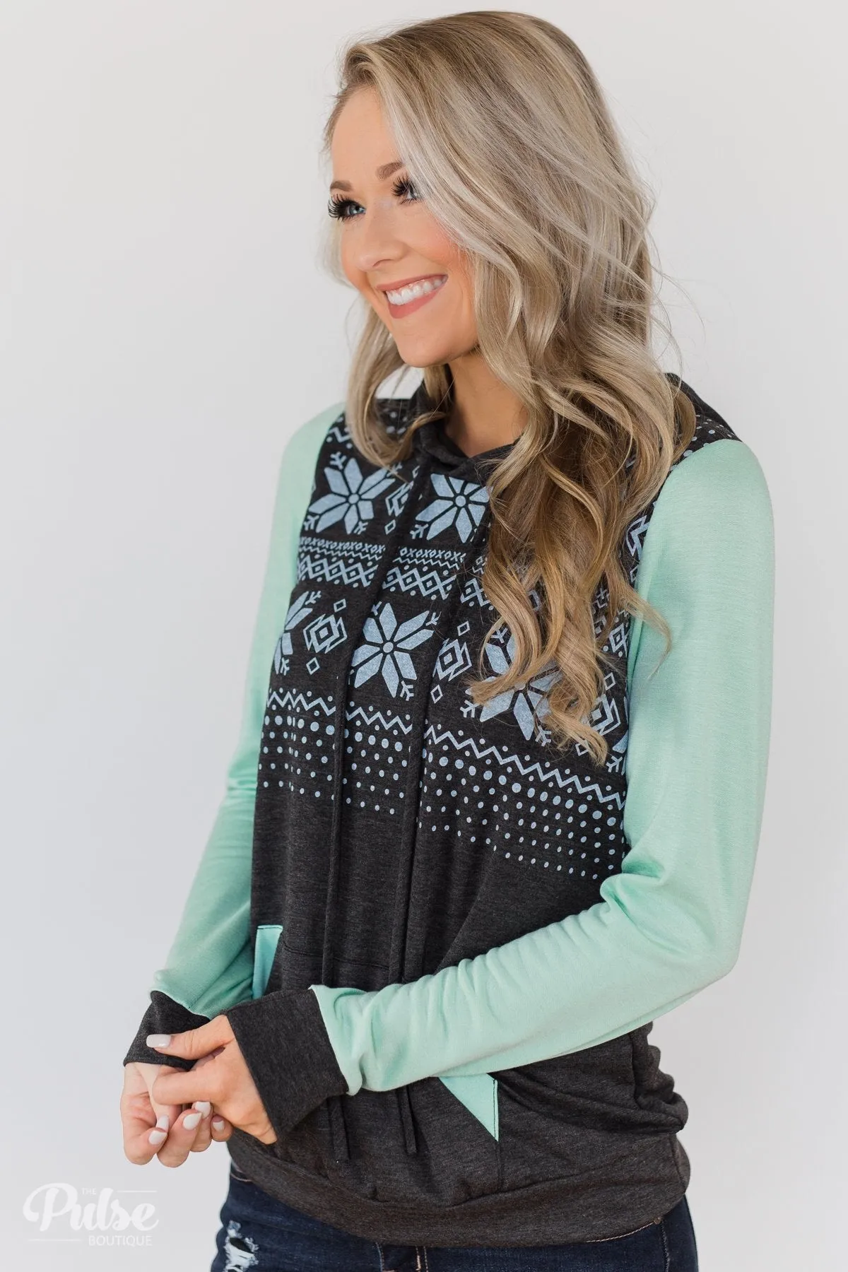 Winter Is Coming Snowflake Hoodie- Mint & Charcoal