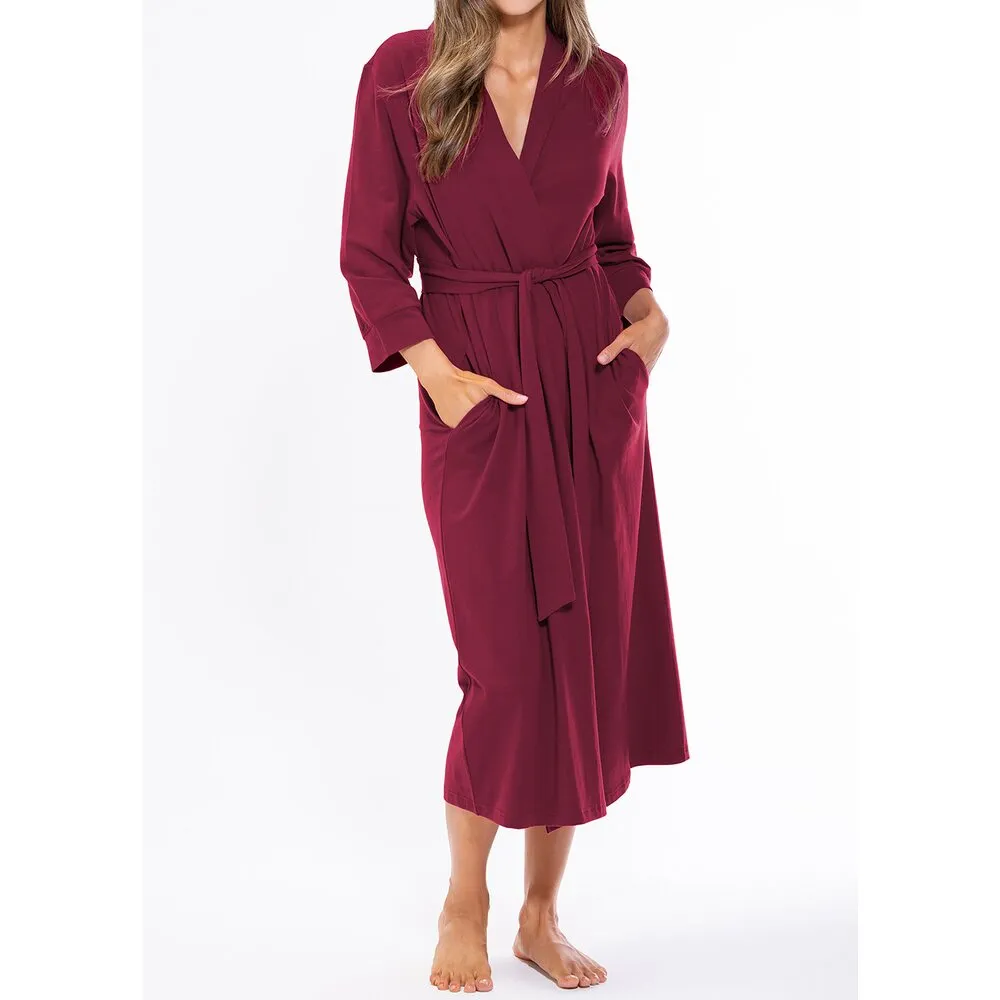 Woman's Cotton Knit Kimono Robe | Material: 95% Cotton %5 Polyester | Color: Burgundy | Available Sizes: S, M, L, XL, XXL by SUMMA
