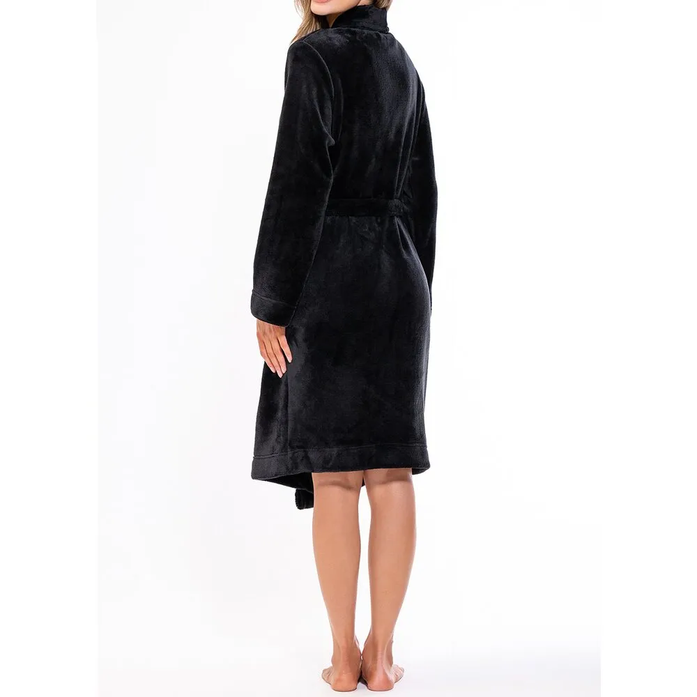 Woman's Super Soft Lightweight Plush Shawl Robe | Short Length | Material: 100% Polyester Warm Fleece | Color: Black | Available Sizes: S, M, L, XL, XXL by SUMMA