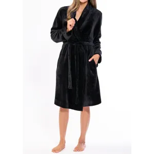 Woman's Super Soft Lightweight Plush Shawl Robe | Short Length | Material: 100% Polyester Warm Fleece | Color: Black | Available Sizes: S, M, L, XL, XXL by SUMMA