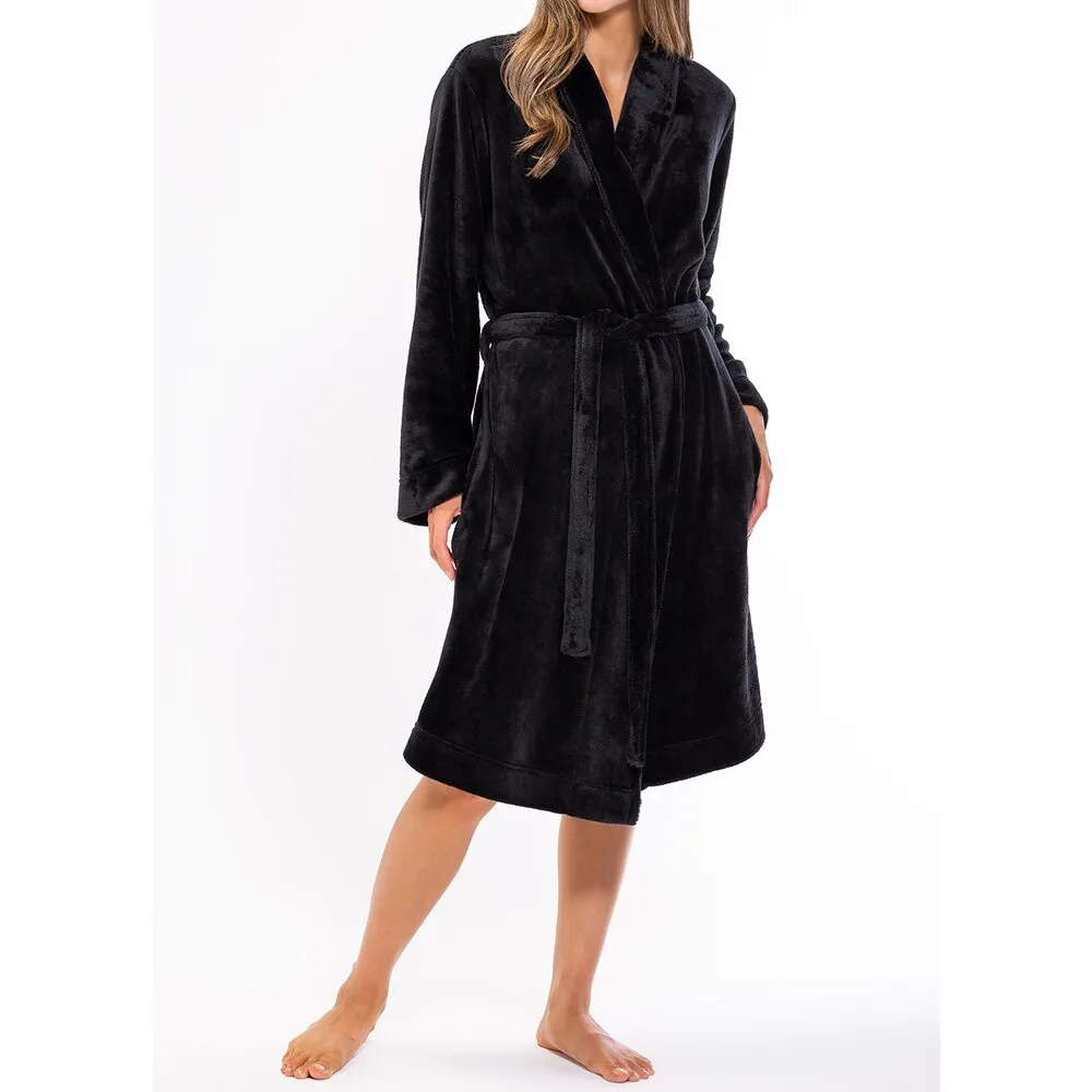Woman's Super Soft Lightweight Plush Shawl Robe | Short Length | Material: 100% Polyester Warm Fleece | Color: Black | Available Sizes: S, M, L, XL, XXL by SUMMA