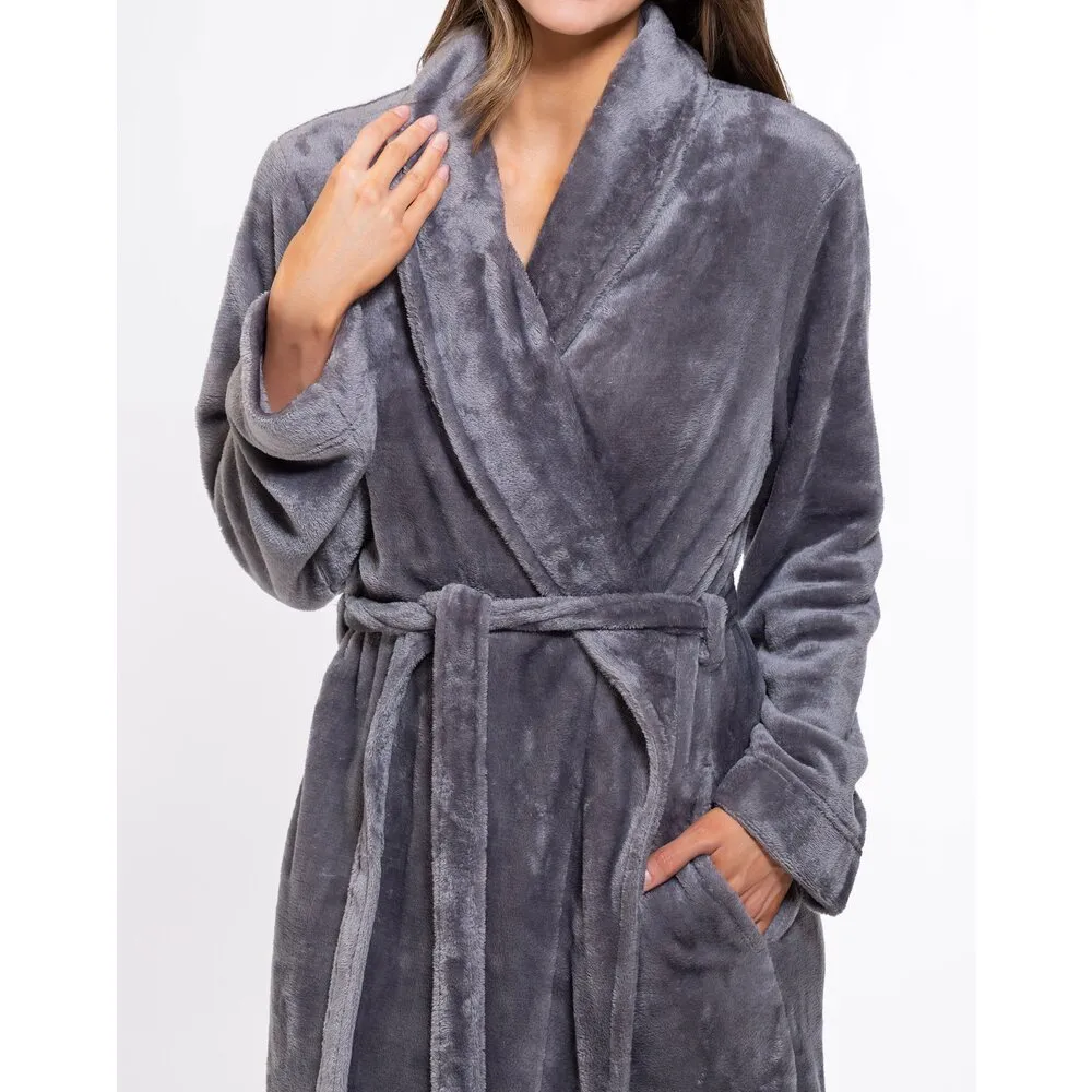Woman's Super Soft Lightweight Plush Shawl Robe | Short Length | Material: 100% Polyester Warm Fleece | Color: Gray | Available Sizes: S, M, L, XL, XXL by SUMMA