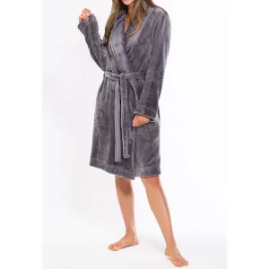 Woman's Super Soft Lightweight Plush Shawl Robe | Short Length | Material: 100% Polyester Warm Fleece | Color: Gray | Available Sizes: S, M, L, XL, XXL by SUMMA