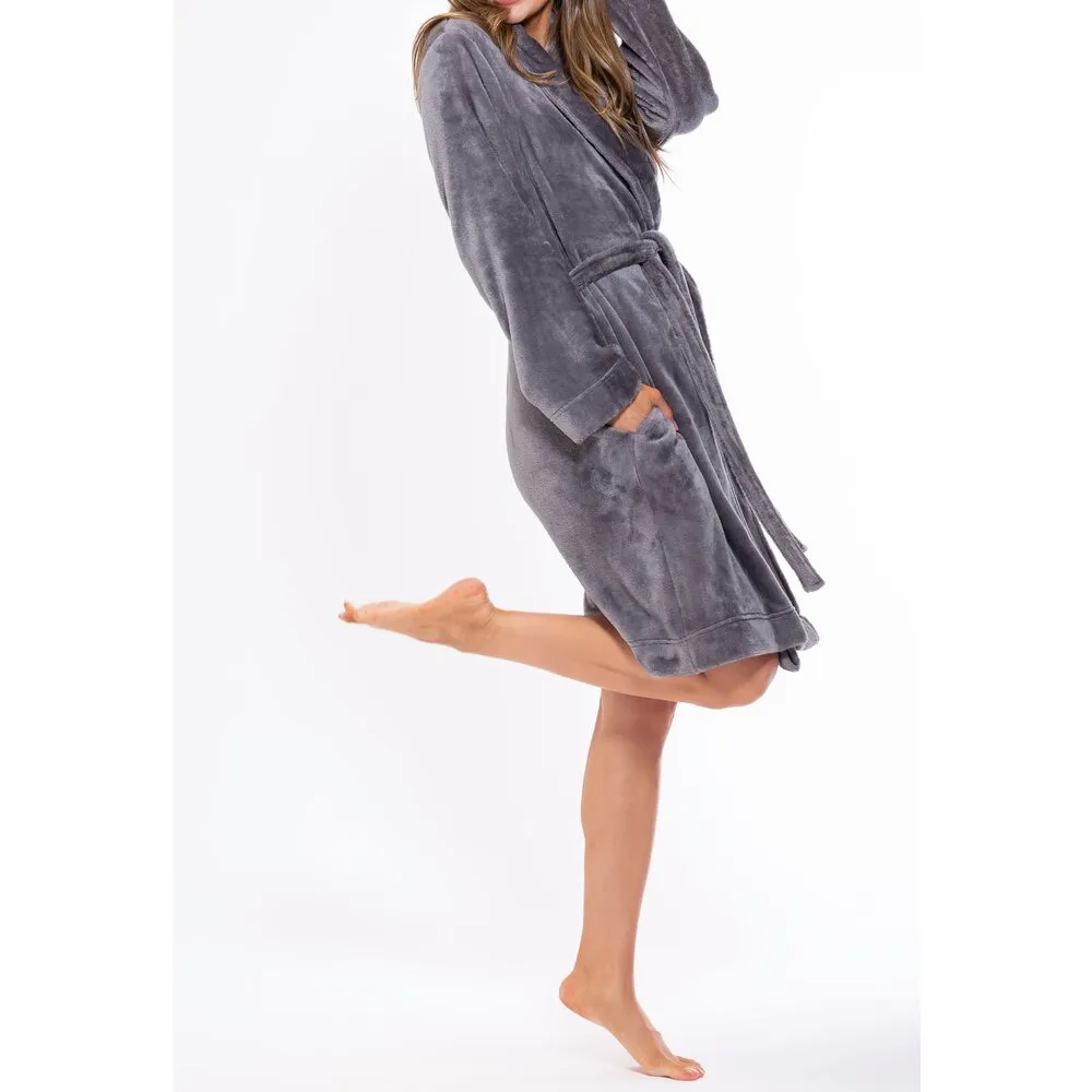 Woman's Super Soft Lightweight Plush Shawl Robe | Short Length | Material: 100% Polyester Warm Fleece | Color: Gray | Available Sizes: S, M, L, XL, XXL by SUMMA