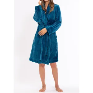 Woman's Super Soft Lightweight Plush Shawl Robe | Short Length | Material: 100% Polyester Warm Fleece | Color: Harbor Blue | Available Sizes: S, M, L, XL, XXL by SUMMA