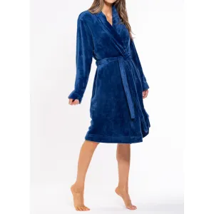 Woman's Super Soft Lightweight Plush Shawl Robe | Short Length | Material: 100% Polyester Warm Fleece | Color: Navy Blue | Available Sizes: S, M, L, XL, XXL by SUMMA