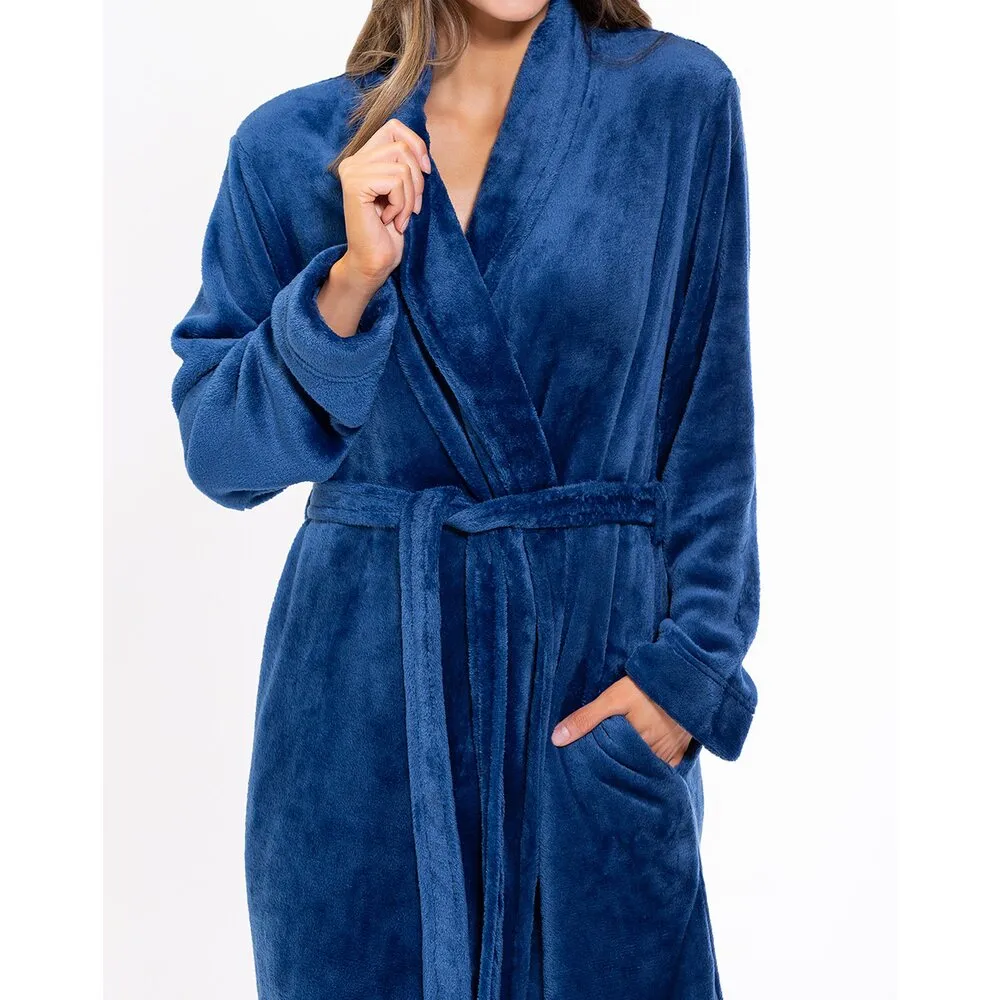 Woman's Super Soft Lightweight Plush Shawl Robe | Short Length | Material: 100% Polyester Warm Fleece | Color: Navy Blue | Available Sizes: S, M, L, XL, XXL by SUMMA