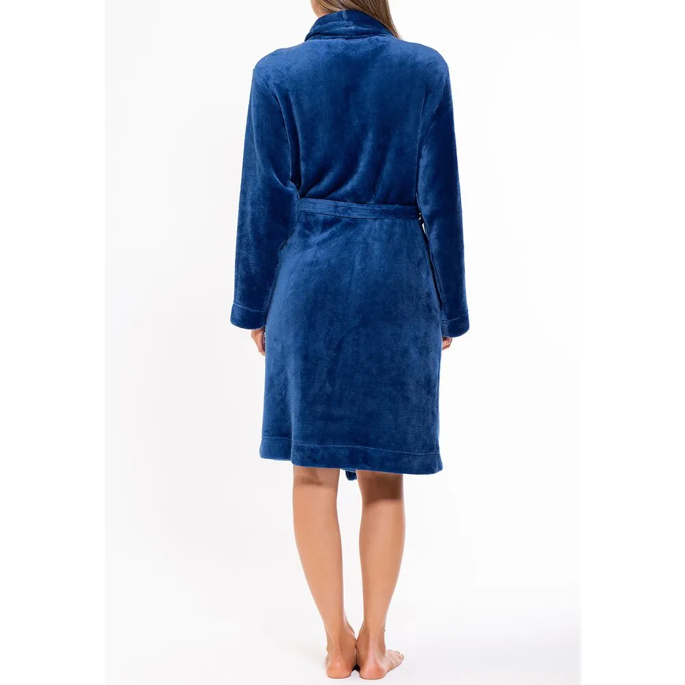 Woman's Super Soft Lightweight Plush Shawl Robe | Short Length | Material: 100% Polyester Warm Fleece | Color: Navy Blue | Available Sizes: S, M, L, XL, XXL by SUMMA
