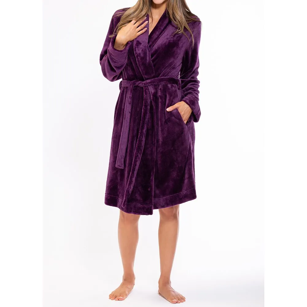 Woman's Super Soft Lightweight Plush Shawl Robe | Short Length | Material: 100% Polyester Warm Fleece | Color: Purple | Available Sizes: S, M, L, XL, XXL by SUMMA