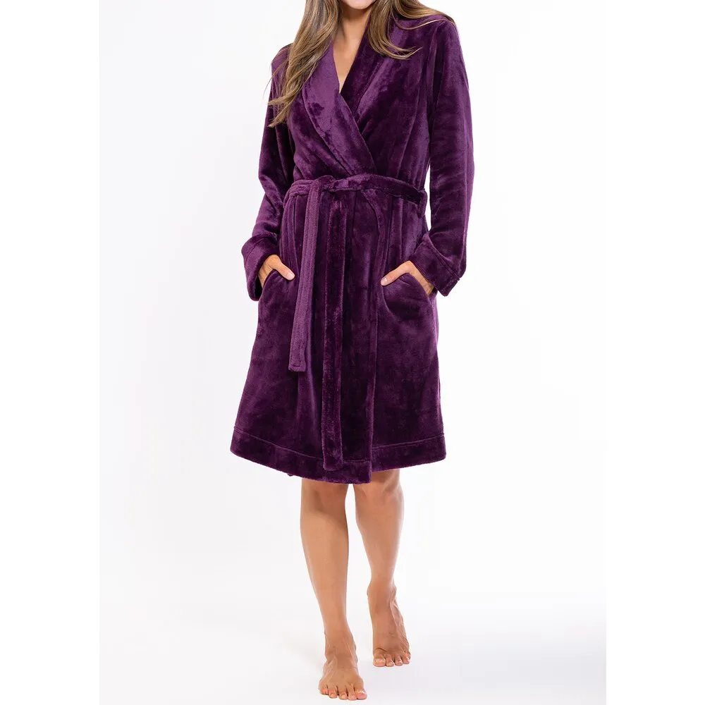 Woman's Super Soft Lightweight Plush Shawl Robe | Short Length | Material: 100% Polyester Warm Fleece | Color: Purple | Available Sizes: S, M, L, XL, XXL by SUMMA