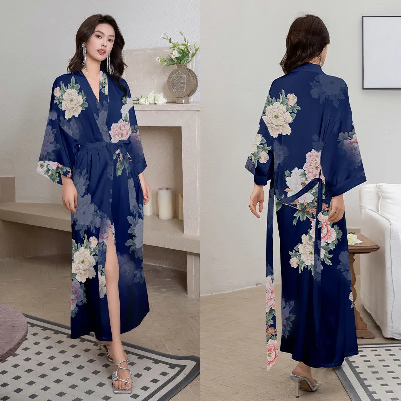 Women Flower Printed Satin Silk Kimono Robe