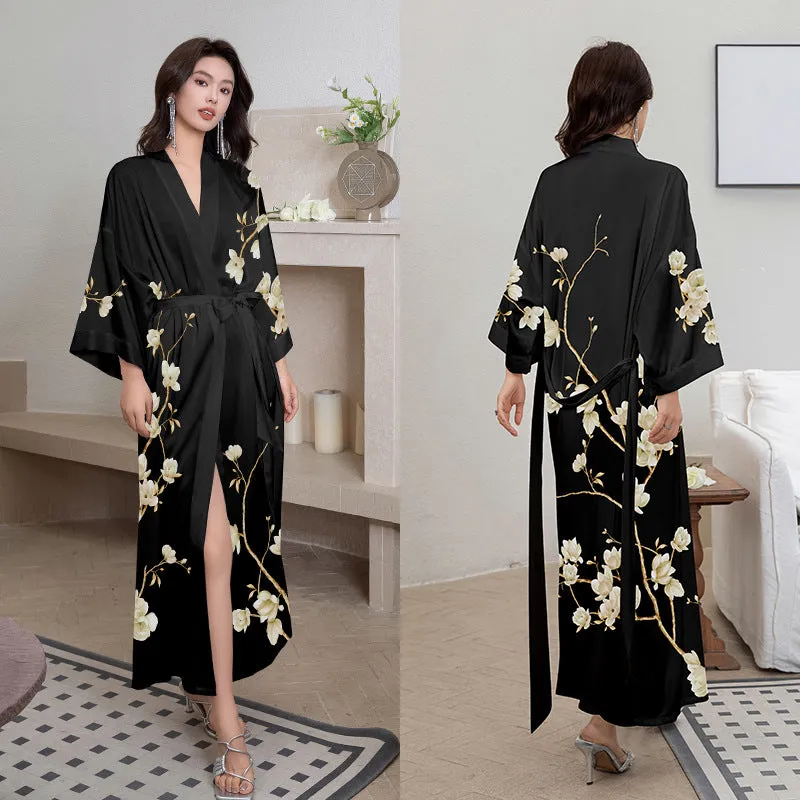 Women Flower Printed Satin Silk Kimono Robe