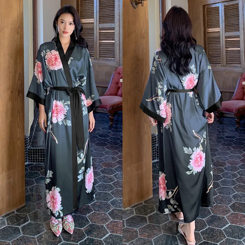 Women Flower Printed Satin Silk Kimono Robe