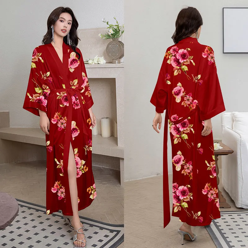 Women Flower Printed Satin Silk Kimono Robe