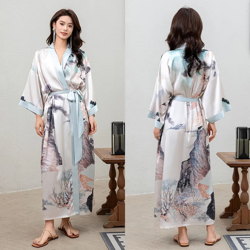 Women Flower Printed Satin Silk Kimono Robe
