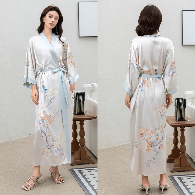 Women Flower Printed Satin Silk Kimono Robe