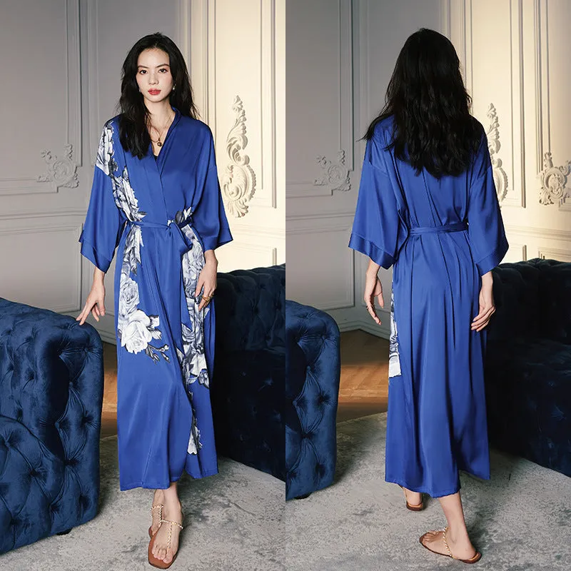 Women Flower Printed Satin Silk Kimono Robe