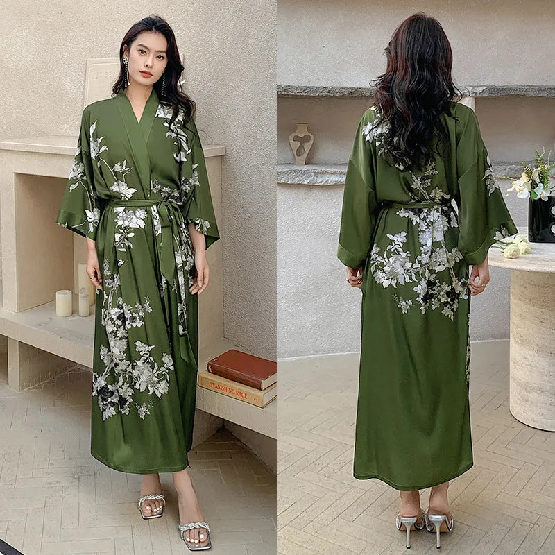 Women Flower Printed Satin Silk Kimono Robe
