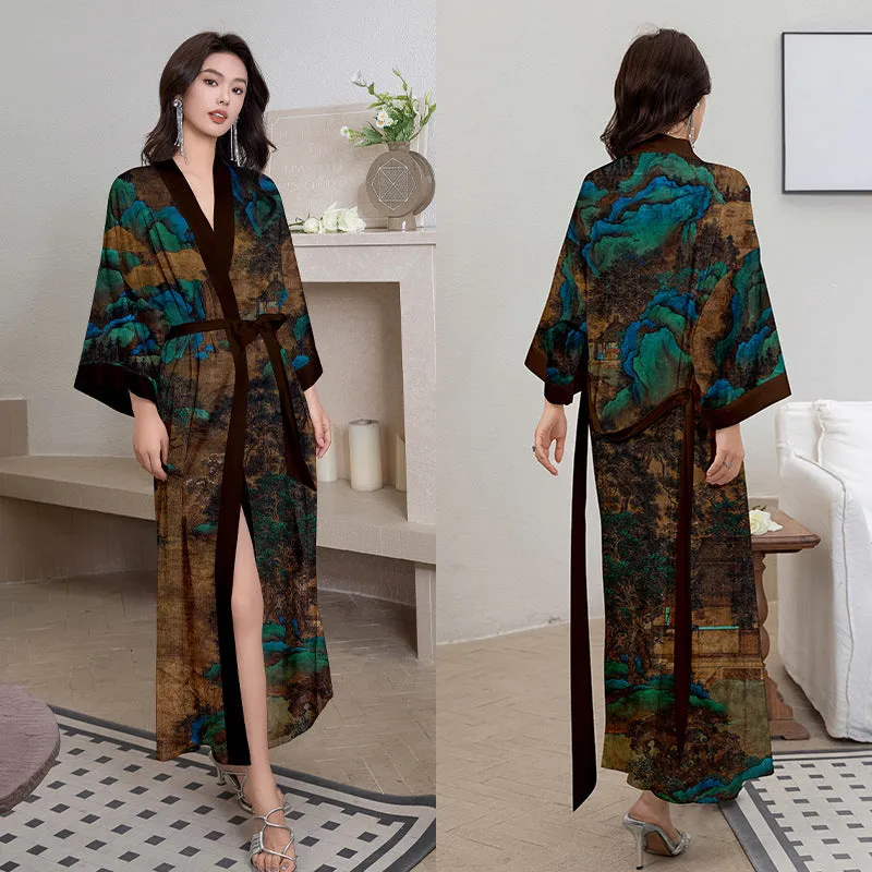 Women Flower Printed Satin Silk Kimono Robe