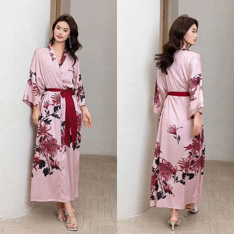 Women Flower Printed Satin Silk Kimono Robe