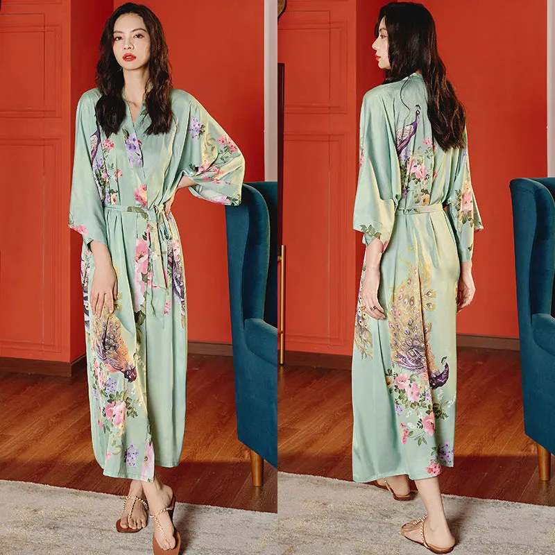 Women Flower Printed Satin Silk Kimono Robe