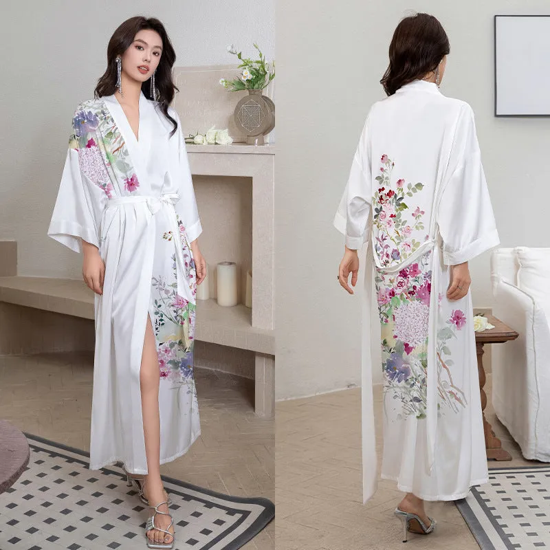 Women Flower Printed Satin Silk Kimono Robe