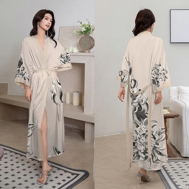 Women Flower Printed Satin Silk Kimono Robe