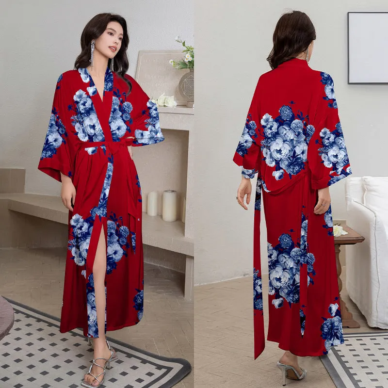 Women Flower Printed Satin Silk Kimono Robe
