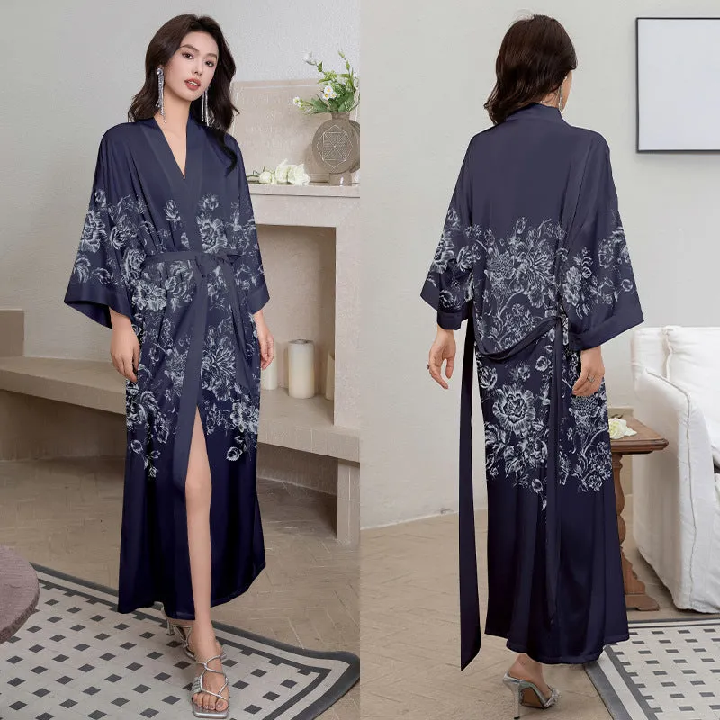 Women Flower Printed Satin Silk Kimono Robe