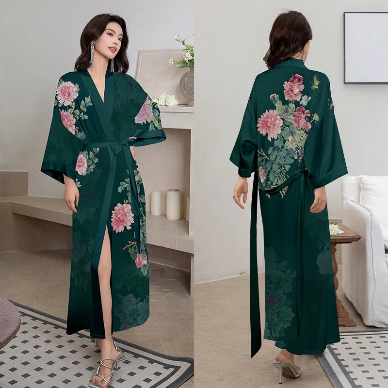 Women Flower Printed Satin Silk Kimono Robe