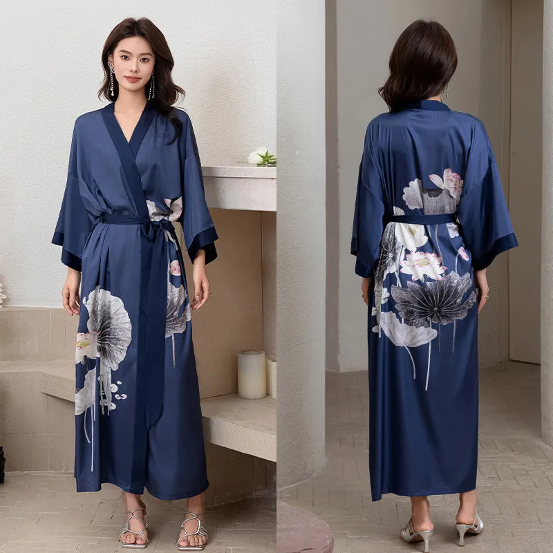 Women Flower Printed Satin Silk Kimono Robe