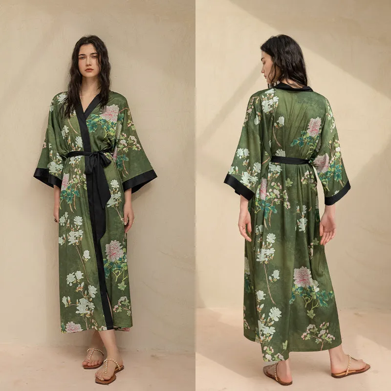 Women Flower Printed Satin Silk Kimono Robe