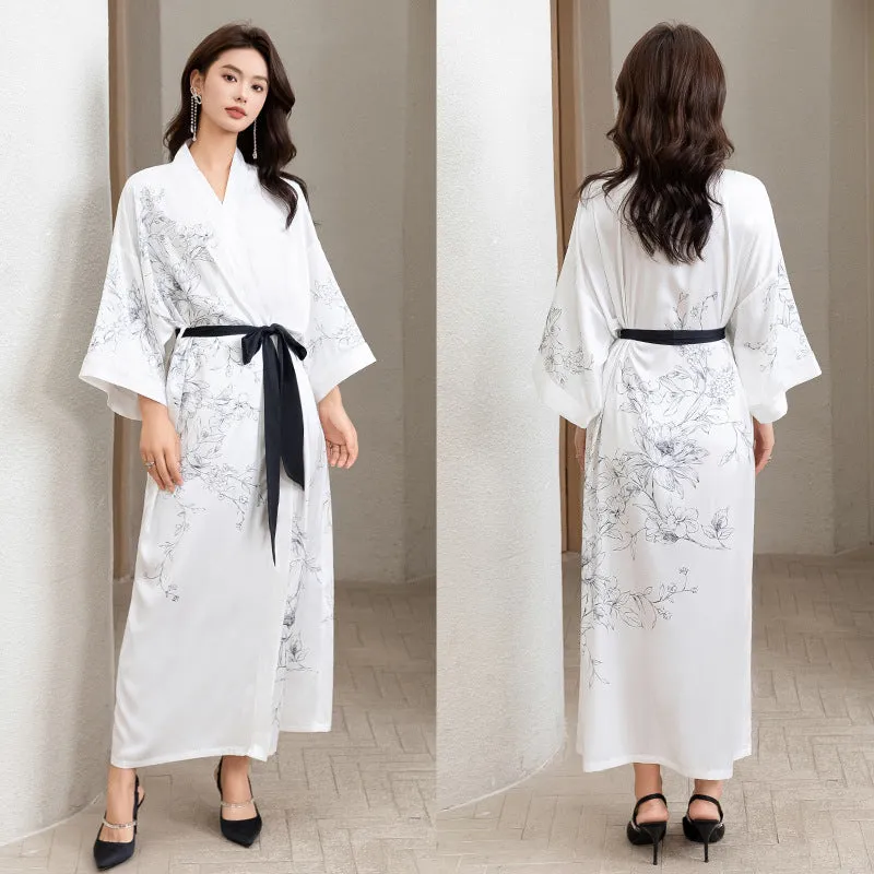 Women Flower Printed Satin Silk Kimono Robe