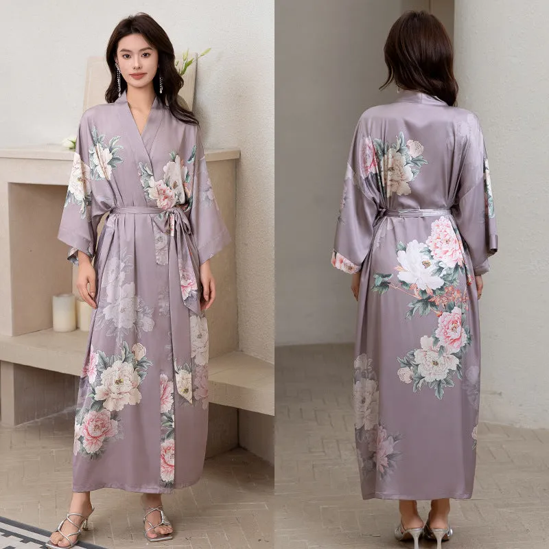 Women Flower Printed Satin Silk Kimono Robe