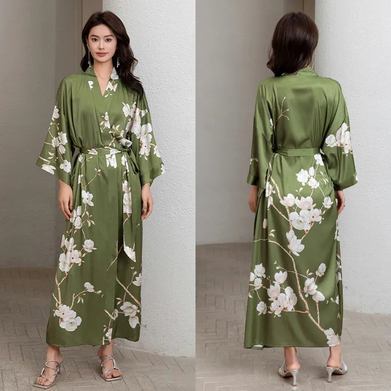 Women Flower Printed Satin Silk Kimono Robe