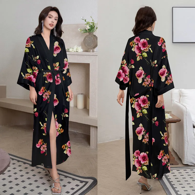 Women Flower Printed Satin Silk Kimono Robe