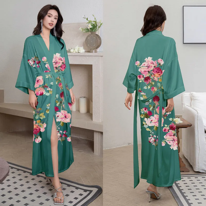 Women Flower Printed Satin Silk Kimono Robe