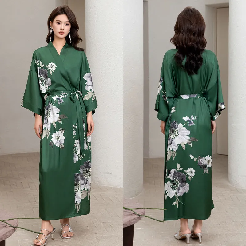 Women Flower Printed Satin Silk Kimono Robe