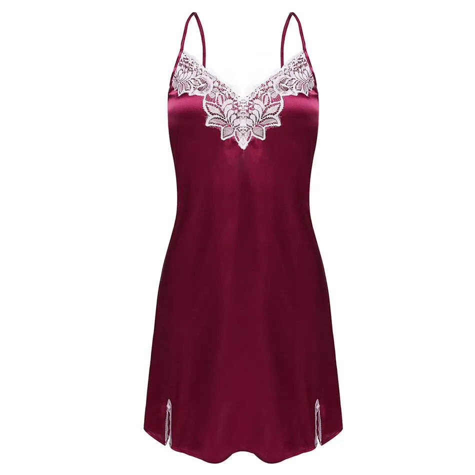 Women Nightgown Spaghetti strap Satin Lace Splicing Nightwear V-Neck Sleepwear Ladies Night Dress