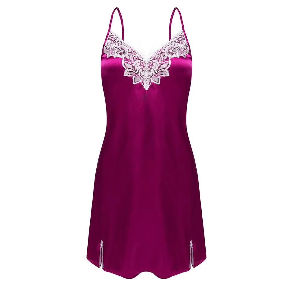 Women Nightgown Spaghetti strap Satin Lace Splicing Nightwear V-Neck Sleepwear Ladies Night Dress