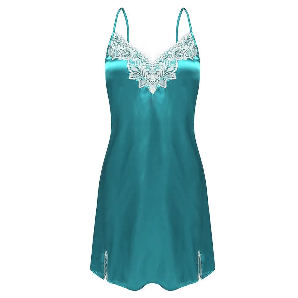 Women Nightgown Spaghetti strap Satin Lace Splicing Nightwear V-Neck Sleepwear Ladies Night Dress