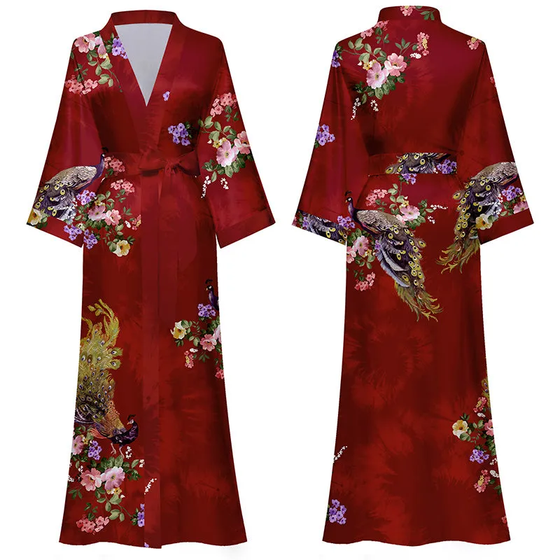 Women Printed Satin Silk Kimono Robe