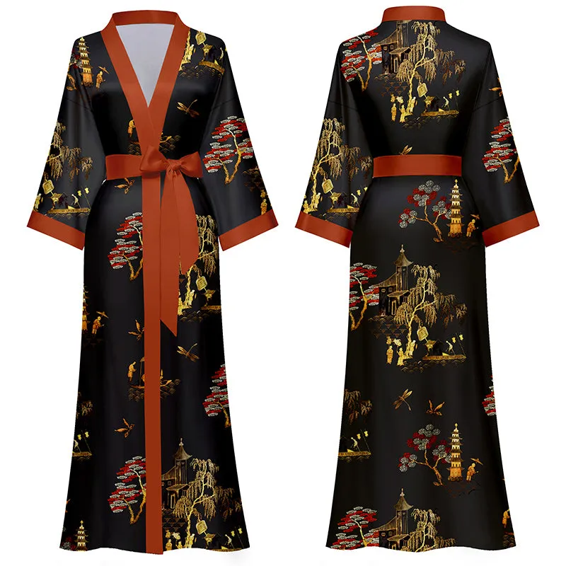 Women Printed Satin Silk Kimono Robe