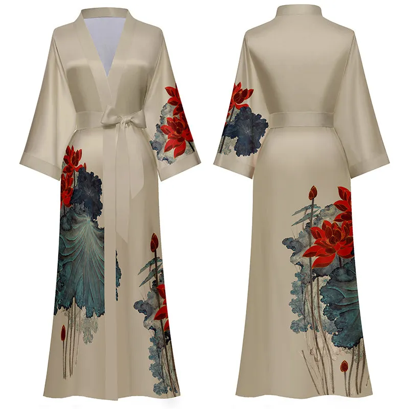Women Printed Satin Silk Kimono Robe