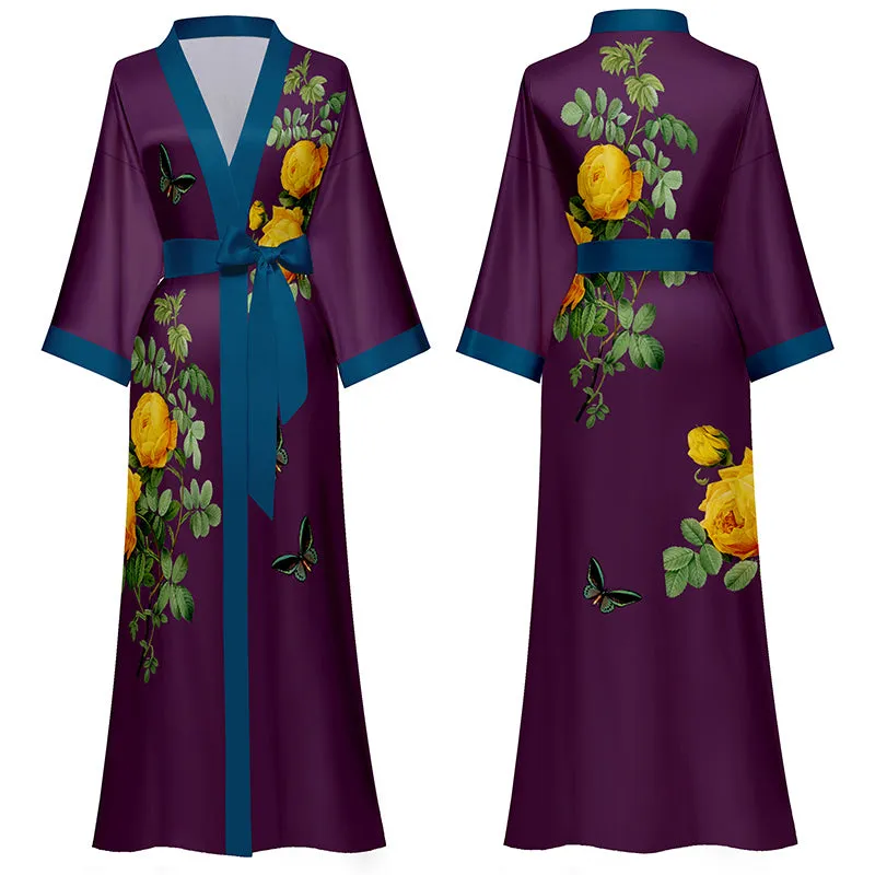 Women Printed Satin Silk Kimono Robe